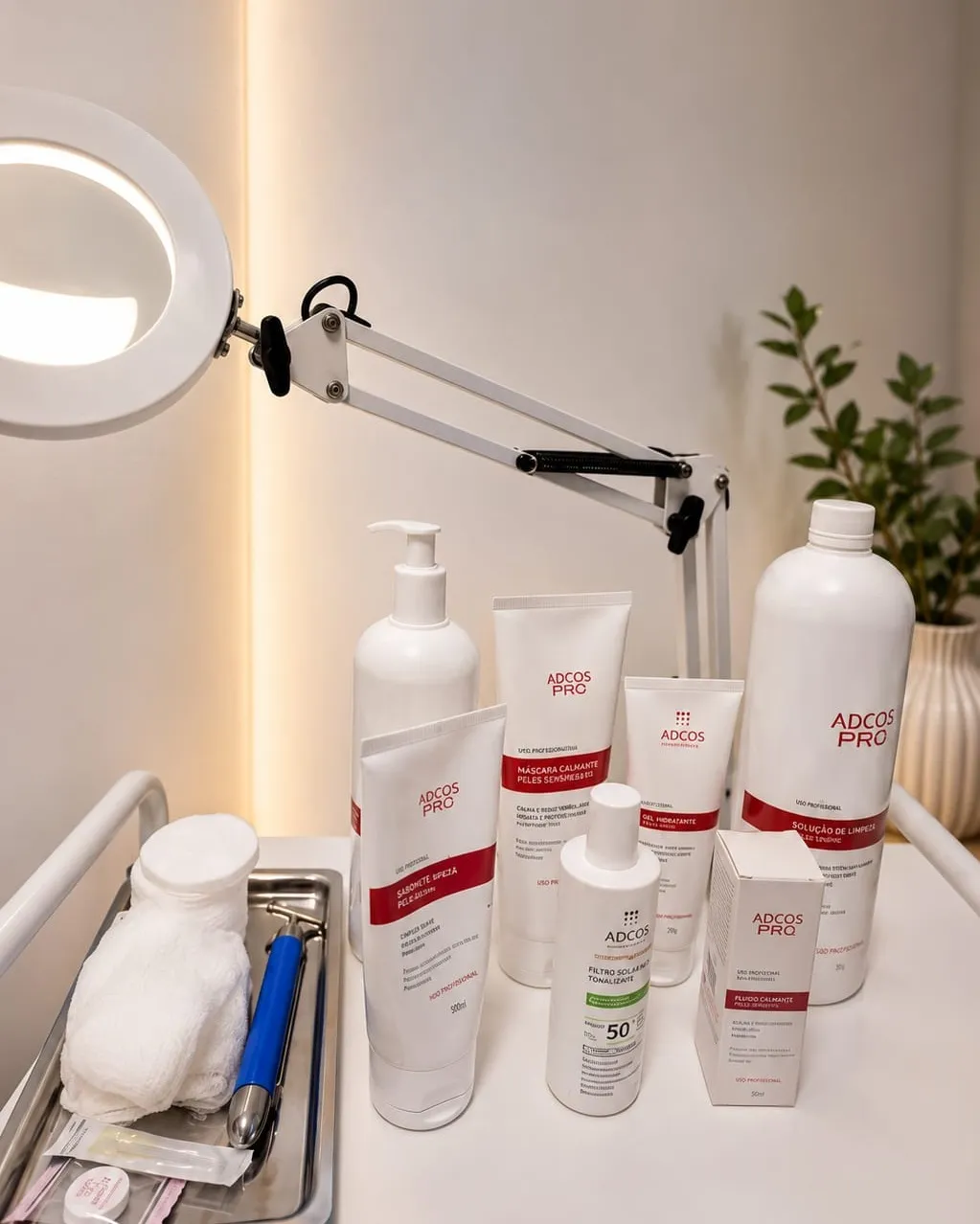 Bancada de atendimento da estética, com lupa de luz acesa, bandeja esterilizada e os produtos usados nos procedimentos
