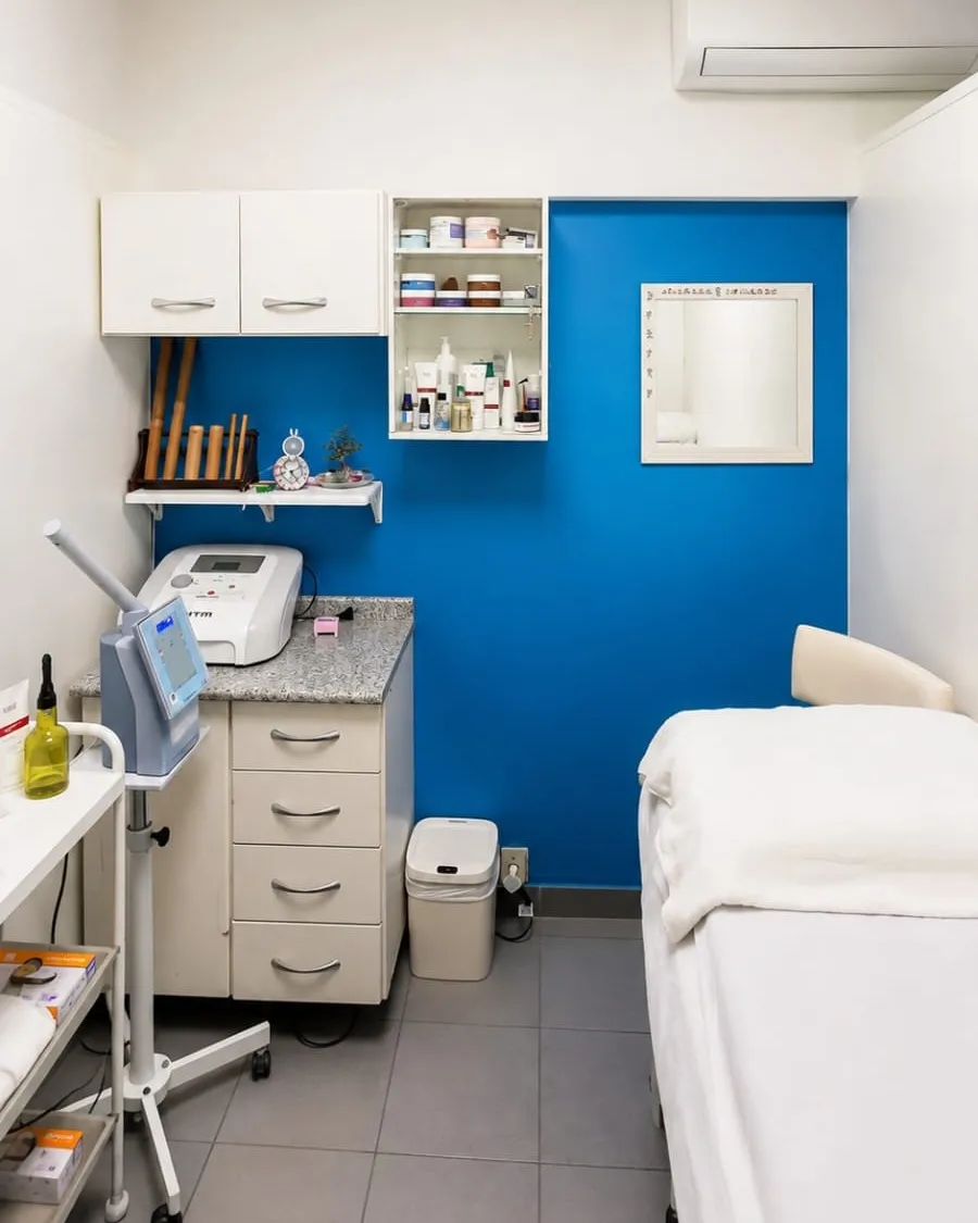Sala de estética no mesmo andar, com maca preparada, armário de produtos e a parede azul